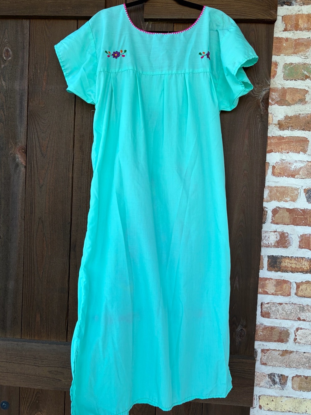 Women’s Embroidered Turquoise Midi Dress with Multi Colored Flowers - Picture 2 of 4
